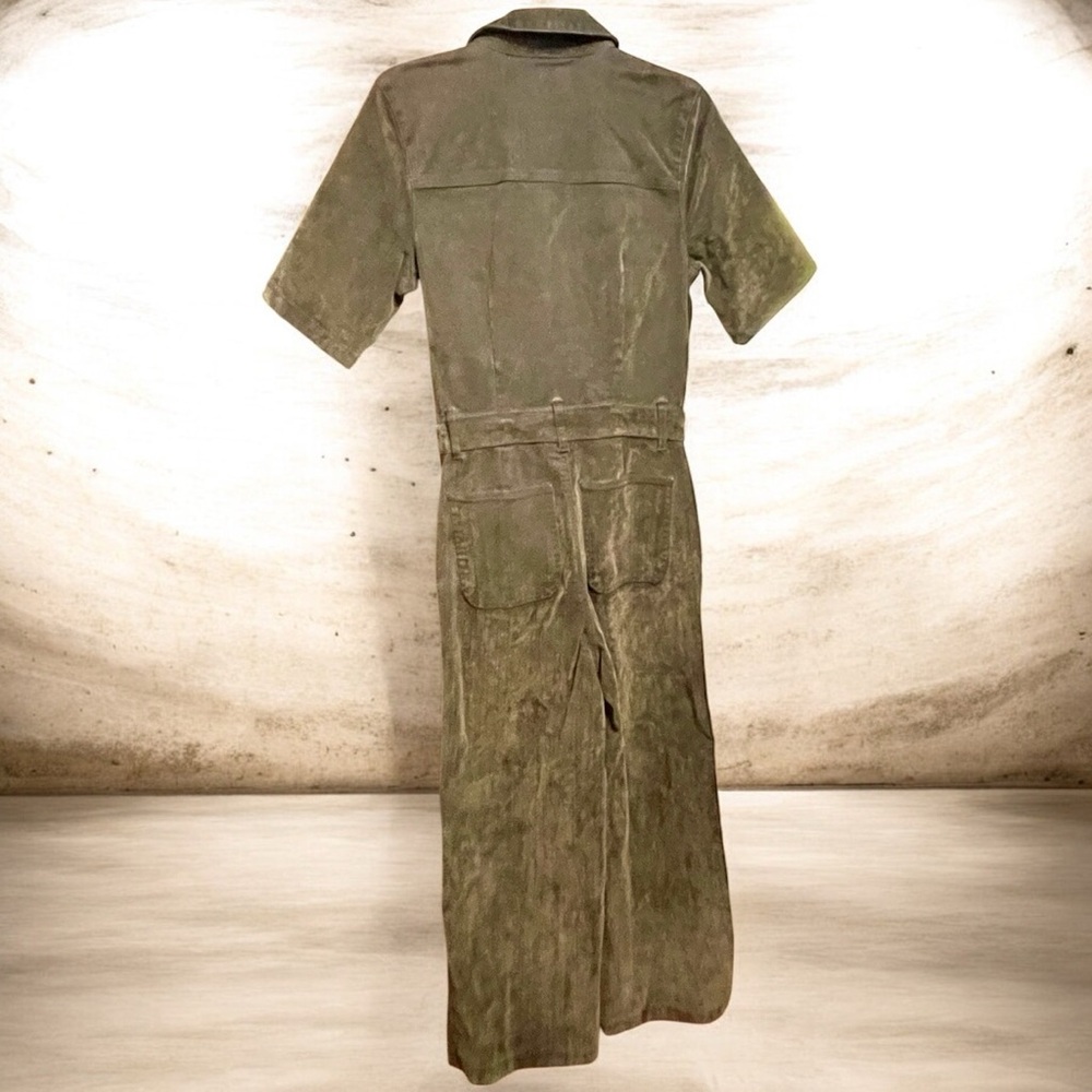 New Women’s Olive Short-Sleeve Flocked Wide-Leg Denim Jumpsuit Painter Style - Picture 3 of 11